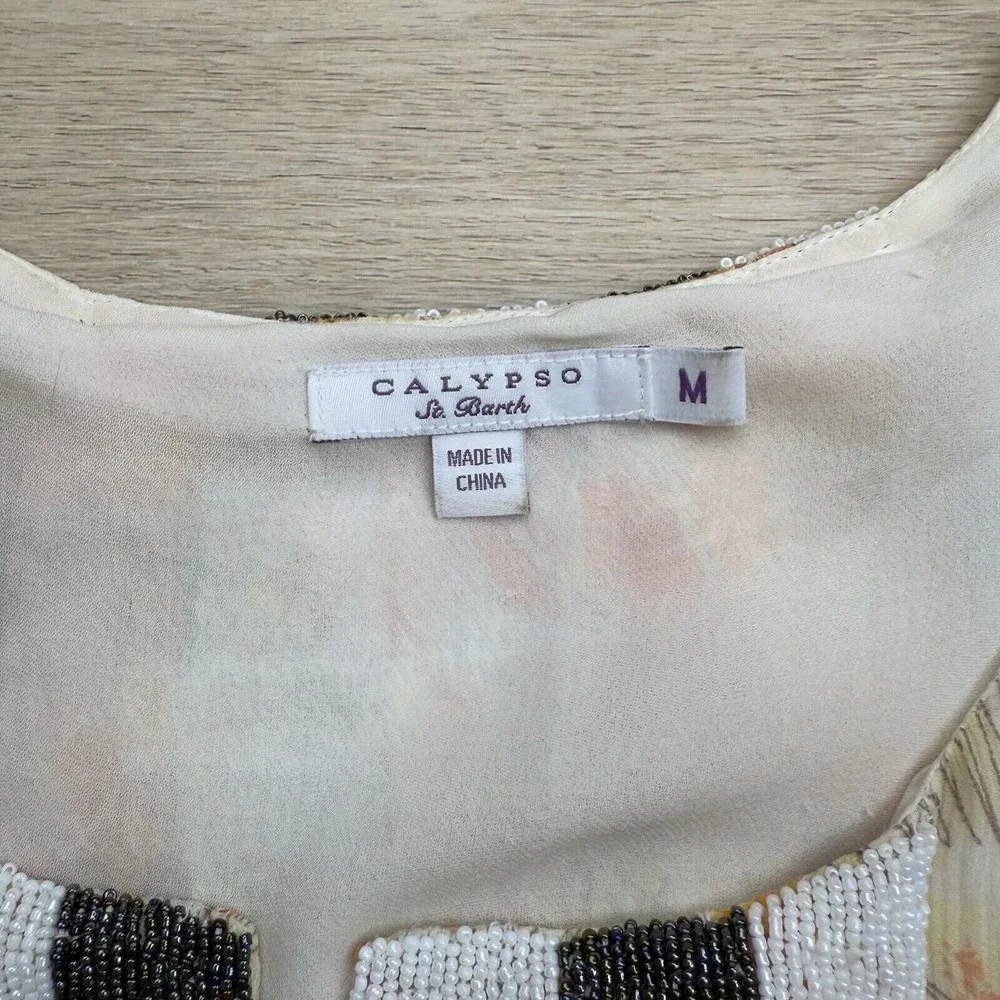 Calypso st‎ Barth Beaded Silk Split Neck Tunic Blouse Tropical Luxury Womens Med - Picture 4 of 16